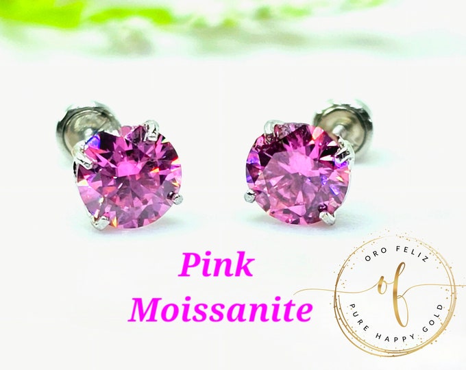 Moissanite Pink 14K Solid Gold Low Basket Thin Post Light Weight Gold Screw Backing can be worn sleeping Round