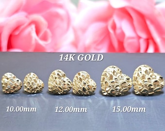14K Yellow Gold •  NUGGET Heart Earrings Diamond Cut • Push Backing • 3 Sizes Available •