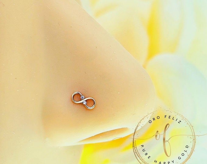 14K Solid Gold , Ball Ends Nose Stud, Infinity CZ Design With Stone Nose Stud,  Nostril Piercing 22 GA.