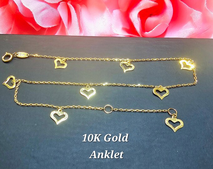 10K Real Yellow Gold • Dangle Hollow Heart Charm High Quality  Ankle Bracelet Anklet •  9 +1 " Inches •