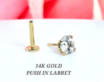 14K REAL Solid Gold Threadless Push-in 18 GA with option of CZ or Moissanite or Lab grown Diamond.
