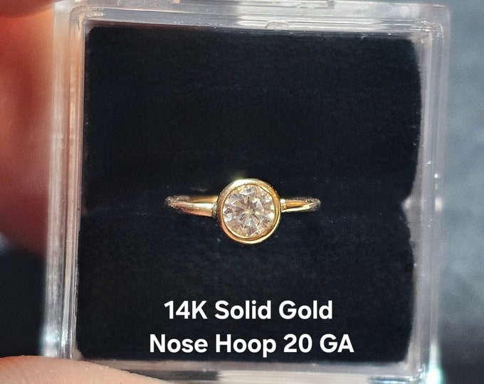 14K REAL Solid Gold Nose Ring 20GA With Bezel Round CZ 4mm , NoseRing or  Cartilage Tragus Helix, Width 8mm