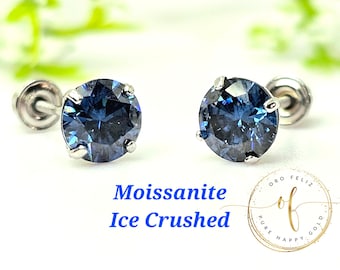 Moissanite Ice Crushed  14K Solid Gold Low Basket Thin Post Light Weight Gold Screw Backing can be worn sleeping Round.