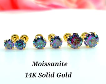 Moissanite 7 Colors Rainbow • 14K Real Gold  • Screw Backing Stud Earrings • 4mm 5mm 6mm sold 1pair •Pass Diamond Tester Moissanite Gemstone