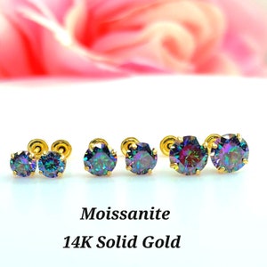 Moissanite 7 Colors Rainbow • 14K Real Gold  • Screw Backing Stud Earrings • 4mm 5mm 6mm sold 1pair •Pass Diamond Tester Moissanite Gemstone