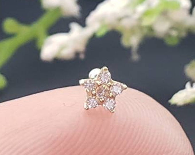 14K Solid Gold , Ball Ends Nose Stud, Flower Design With Diamond Nose Stud,  Nostril Piercing