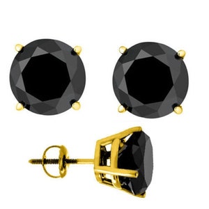 Black Diamond 14K GOLD Solitaire Round Cut Solid Gold Earring Studs Screw Backing Diamond CZ's or Genuine Real Black Diamond or Moissanite .