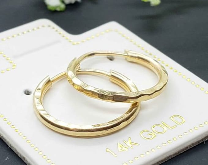 14k Real Gold • 1.5 mm Hoops , Simple Sleeper Earrings Diamond cut • Gold Hoops • Endless Gold Mini Hoop 13 mm - 50 mm •