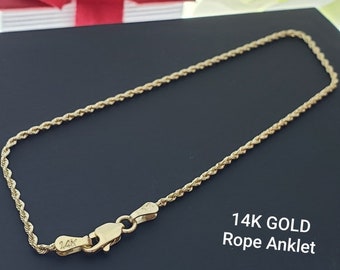 Real 14K Yellow Gold Italian 2.00mm  2.50 mm 3.00 mm Rope Chain Link Anklet 10 " inches