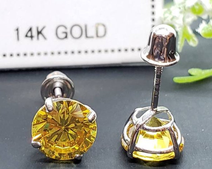 14K Solid Gold Citrine Earring November Birthstone Colors Screw Backing Earring with 4 Prong Setting