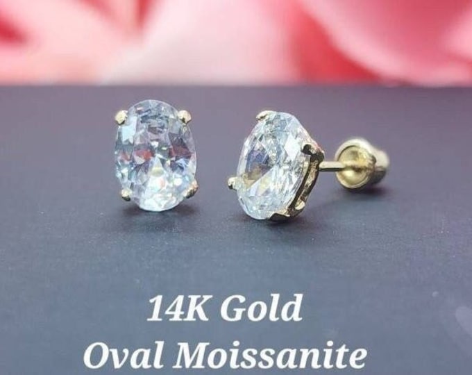Moissanite Oval Shape 14K Solid Yellow Gold Light Weight Gold Screw Backing available 3 sizes , Bridal, Gift, Wedding, Women's Earrings stud