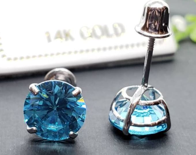 14K Solid Gold Blue Topaz Earring December Birthstone Colors Screw Backing Earring with 4 Prong Setting
