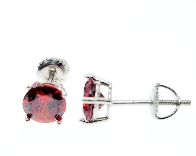 Solid 925 Sterling Silver Garnet CZ's or Genuine Natural Garnet Gemstone Solitaire Stud Post Earrings Round Mens Womens Earrings