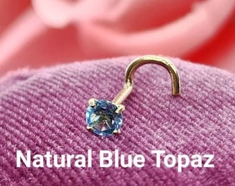 Genuine Real Blue Topaz Nose Stud ,  14K Solid Gold in Twisted Crooked Screw, L-Shaped , Ball End Bar 22GA 20 GA 18GA