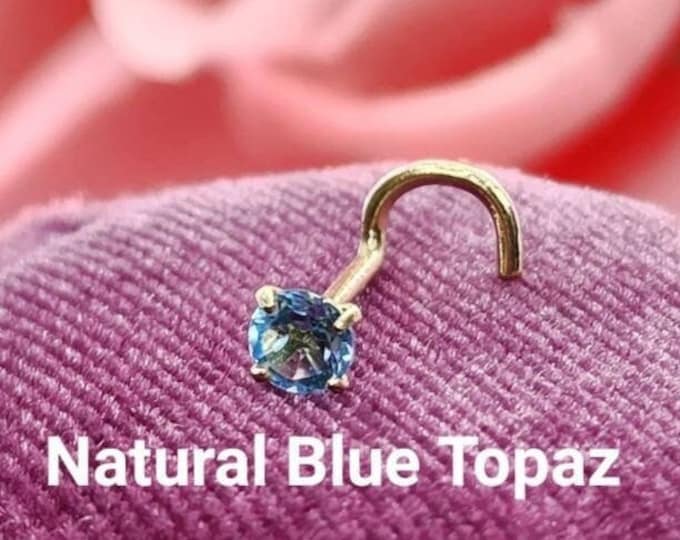 Genuine Real Blue Topaz Nose Stud ,  14K Solid Gold in Twisted Crooked Screw, L-Shaped , Ball End Bar 22GA 20 GA 18GA