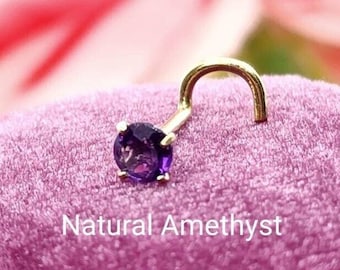Genuine Real Amethyst Nose Stud ,  14K Solid Gold in Twisted Crooked Screw, L-Shaped , Ball End Bar 20 GA.