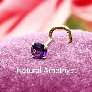 Genuine Real Amethyst Nose Stud ,  14K Solid Gold in Twisted Crooked Screw, L-Shaped , Ball End Bar 22GA 20 GA 18GA