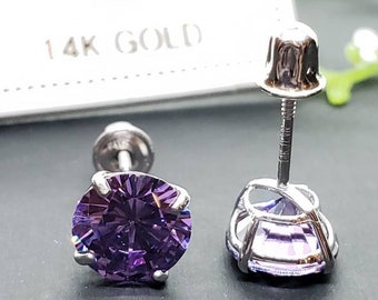 14K Solid Gold Amethyst Earring February Birthstone Colors Screw Backing Earring with 4 Prong Setting