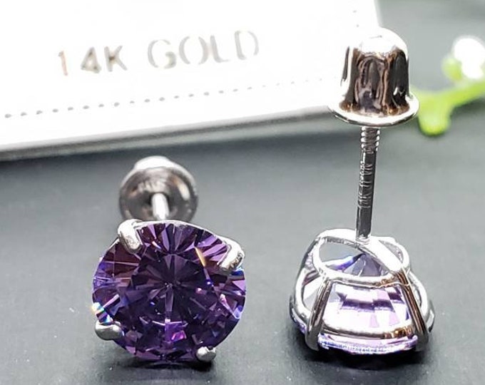 14K Solid Gold Amethyst Earring February Birthstone Colors Screw Backing Earring with 4 Prong Setting