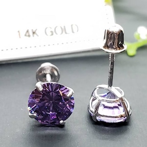 14K Solid Gold Amethyst Earring February Birthstone Colors Screw Backing Earring with 4 Prong Setting