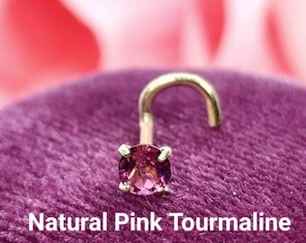 Genuine Real Pink Tourmaline Nose Stud ,  14K Solid Gold in Twisted Crooked Screw, L-Shaped , Ball End Bar 22GA 20 GA 18GA