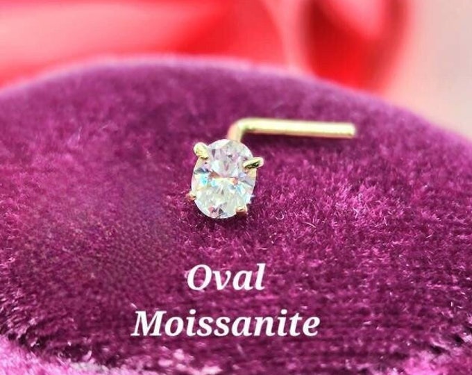 0.15 carat Moissanite Oval Shape 14K Solid Yellow Gold , Curve Bar Nose Stud, Twist Micro Nose, Screw Nose Stud, Ball end Or L-Shaped