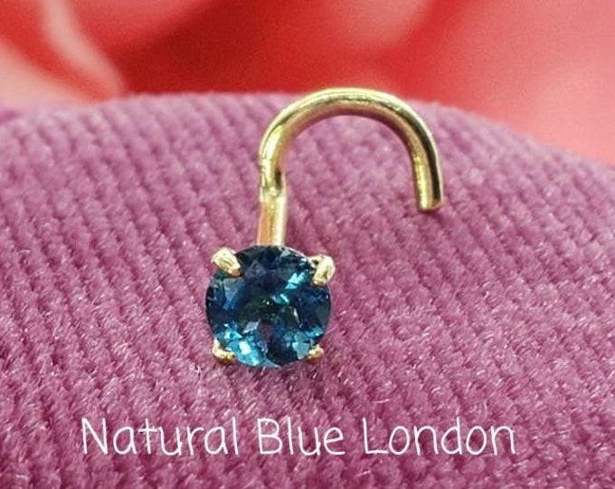 Genuine Real Blue London Topaz Nose Stud ,  14K Solid Gold in Twisted Crooked Screw, L-Shaped , Ball End Bar 22GA 20 GA 18GA