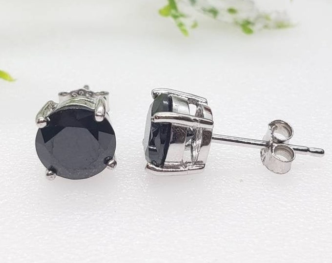 2mm-10mm Round Black CZ Solid 925 Sterling Silver Solitaire Stud Post Earrings Round Mens Womens Earrings