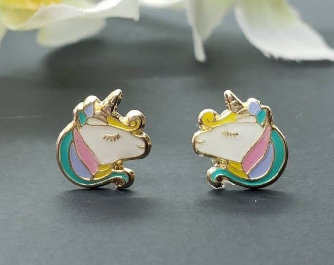 14K Solid Gold • Unicorn Head Enamel Resin Unicorn• Screw Backs • Cute Flat Earrings • Girls / Kids Earrings