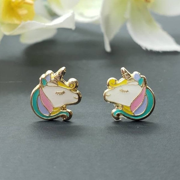 14K Solid Gold • Unicorn Head Enamel Resin Unicorn• Screw Backs • Cute Flat Earrings • Girls / Kids Earrings