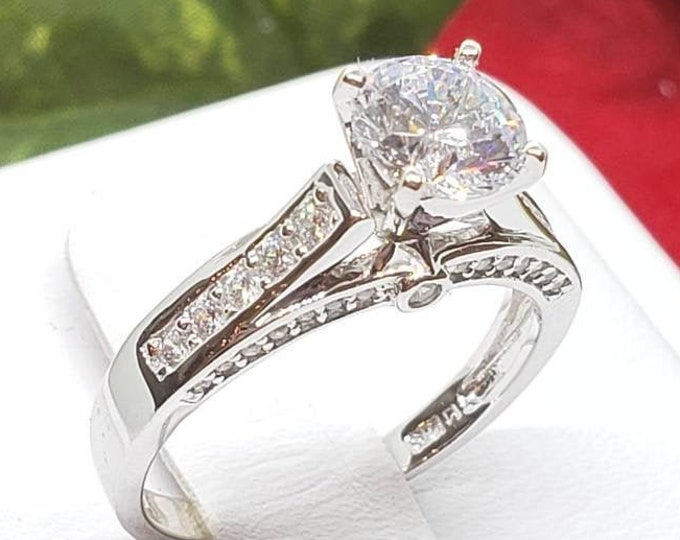 2.50 CTW Created Diamond 14K Real Solid Gold Fancy Cathedral Set Round Engagement Wedding Promise Ring