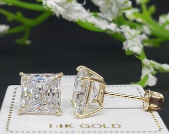 Super Bright 14K Solid Gold • Square Princess Cut • Basket Prong •  3mm-8mm • With Screw Backing or Push Backing Thin Post 20Gauge.
