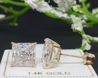 Super Bright 14K Solid Gold • Square Princess Cut • Basket Prong •  3mm-8mm • With Screw Backing or Push Backing Thin Post 14K Real Gold.