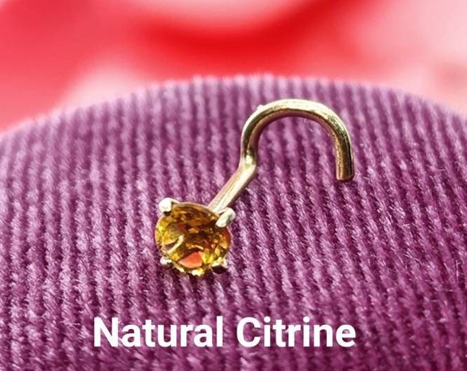 Genuine Real Citrine Nose Stud ,  14K Solid Gold in Twisted Crooked Screw, L-Shaped , Ball End Bar 22GA 20 GA 18GA