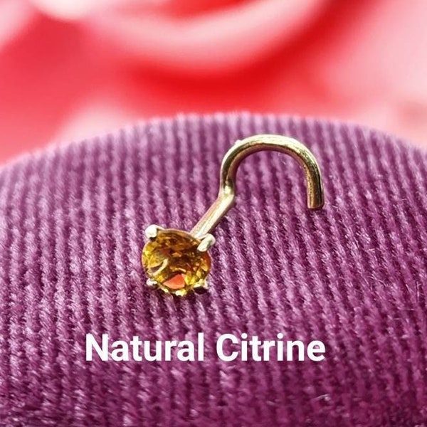 Genuine Real Citrine Nose Stud ,  14K Solid Gold in Twisted Crooked Screw, L-Shaped , Ball End Bar 22GA 20 GA 18GA