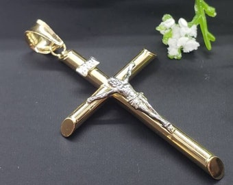 14K Yellow 2 Tone White Gold Religious Crucifix Cross Pendant INRI Jesus Christ Charm Pendant 2 Tone Yellow White Gold