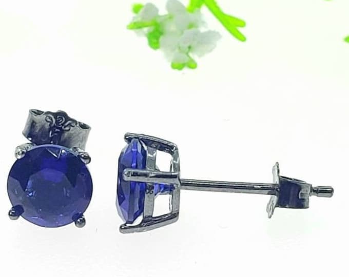 Solid 925 Sterling Silver Blue Sapphire CZ's or Lab Sapphire Gemstone Solitaire Stud Post Earrings Round Mens Womens Earrings