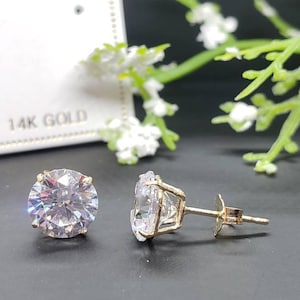 14K Solid White Gold Created White Earring April Birthstone Colors Push Backing Earring with 4 Prong