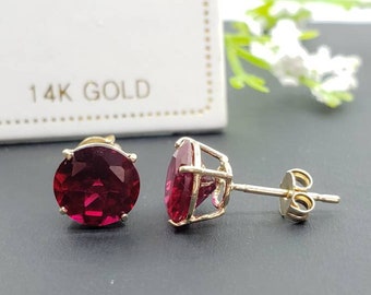 14K Solid Gold Red Garnet Earring January Birthstone Colors Push Backing Earring with 4 Prong Setting