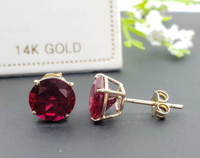 14K Solid Gold Red Garnet Earring June Birthstone Colors Push Backing Earring with 4 Prong Setting