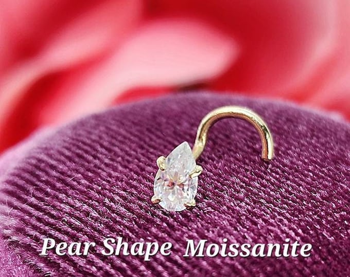 Moissanite pear Shape14K Solid Yellow Gold , Curve Bar Nose Stud,  Twist Micro Nose, Screw Nose Stud, Ball end Or L-Shaped