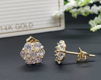 Solid 14K Yellow Gold  Cluster Flower  • Push Backs Earrings • Girls / Kids Earrings  •  2 Sizes Available 7mm 10mm