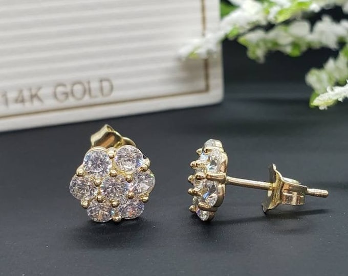 Solid 14K Yellow Gold  Cluster Flower  • Push Backs Earrings • Girls / Kids Earrings  •  2 Sizes Available 7mm 10mm