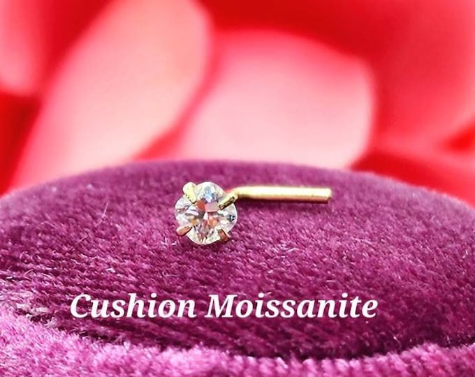 Moissanite Cushion Shape 14K Solid Yellow Gold , Curve Bar Nose Stud, Twist Micro Nose, Screw Nose Stud, Ball end Or L-Shaped