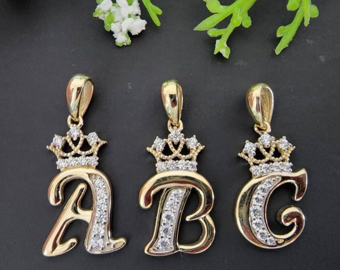 NEW 10K Gold Initial Letter Crown with Gemstone in Script Charm A-Z Yellow Gold.