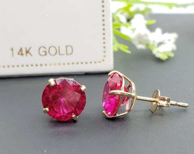 14K Solid Gold Red Ruby  Earring July Birthstone Colors Push Backing Earring with 4 Prong Setting