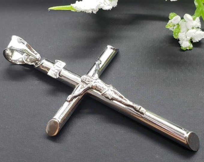 14K White Gold Religious Crucifix Cross Pendant INRI Jesus Christ Charm Pendant White Gold