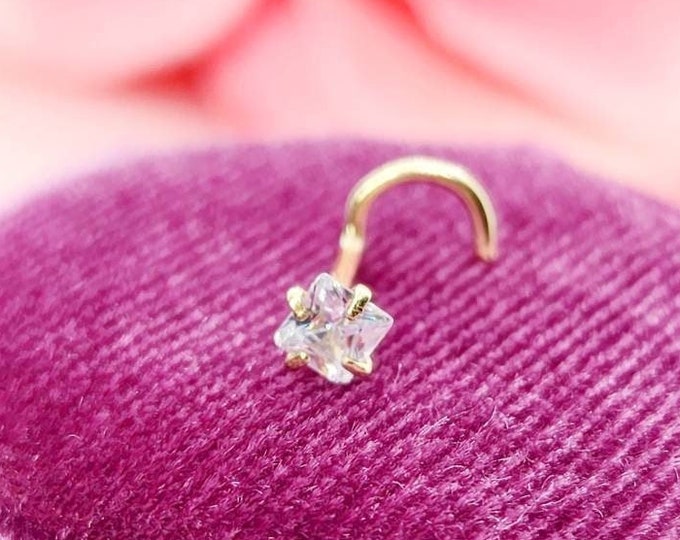 Princess Cut Square  14K Solid Gold  in Twisted Crooked Screw, L-Shaped , Ball End Bar 20 GA.