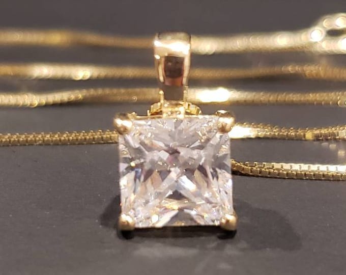 14K SOLID GOLD • Square Princess • Simulated Diamond  Or Moissanite •  Pendant With 18" Inches Necklace • Available 2 Colors