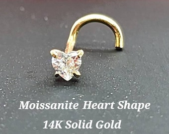 Moissanite Heart  14K Solid Yellow Gold , Curve Bar Nose Stud, Moissanite, Twist Micro Nose, Screw Nose Stud, Ball end Or L-Shaped